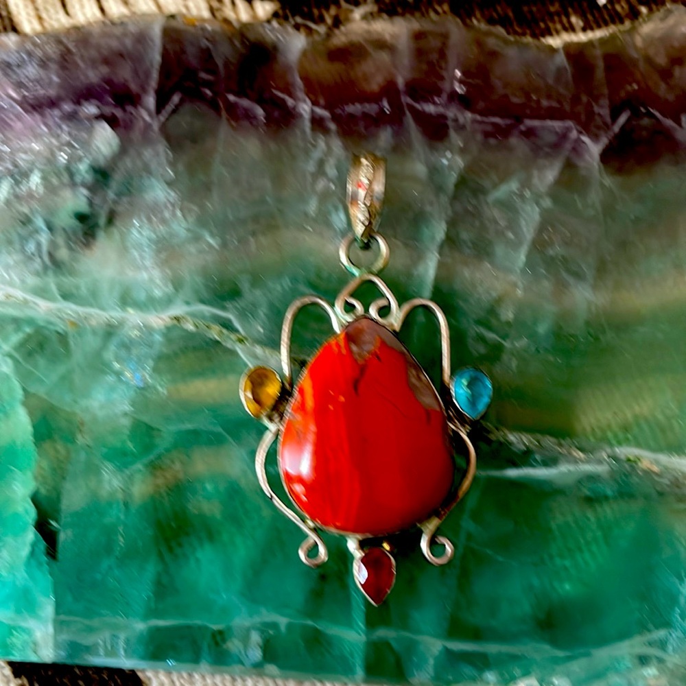 Red Jasper and Quartz Pendant Accented With Gemstones